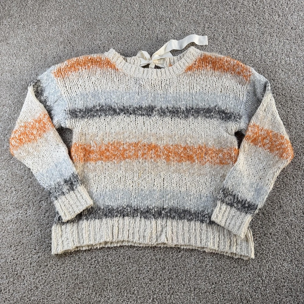 Meadow Rue Sweater Womens Medium Multicolor Crew Neck Bow Striped Chunky Knit